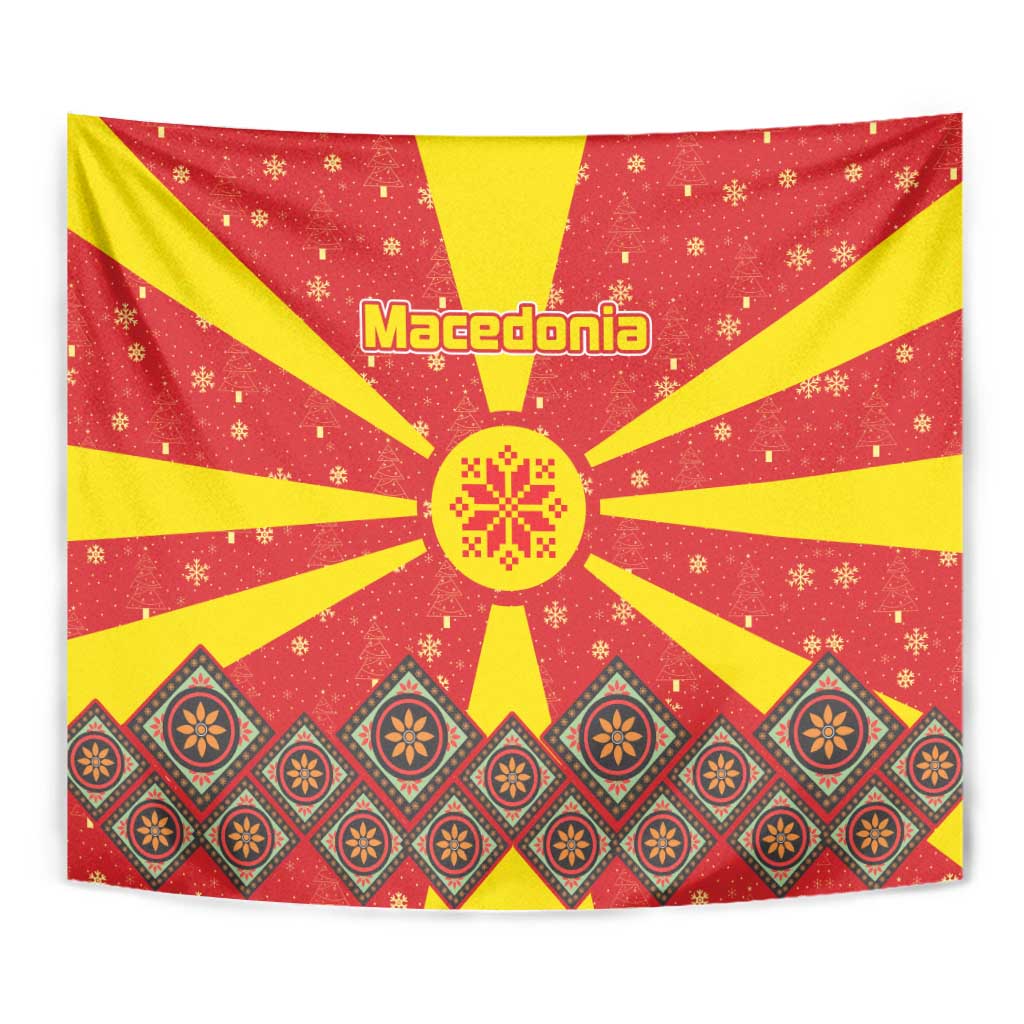 Macedonia Christmas Tapestry with Yellow Sun, Santa, and Festive Tree Motif - Wonder Print Shop