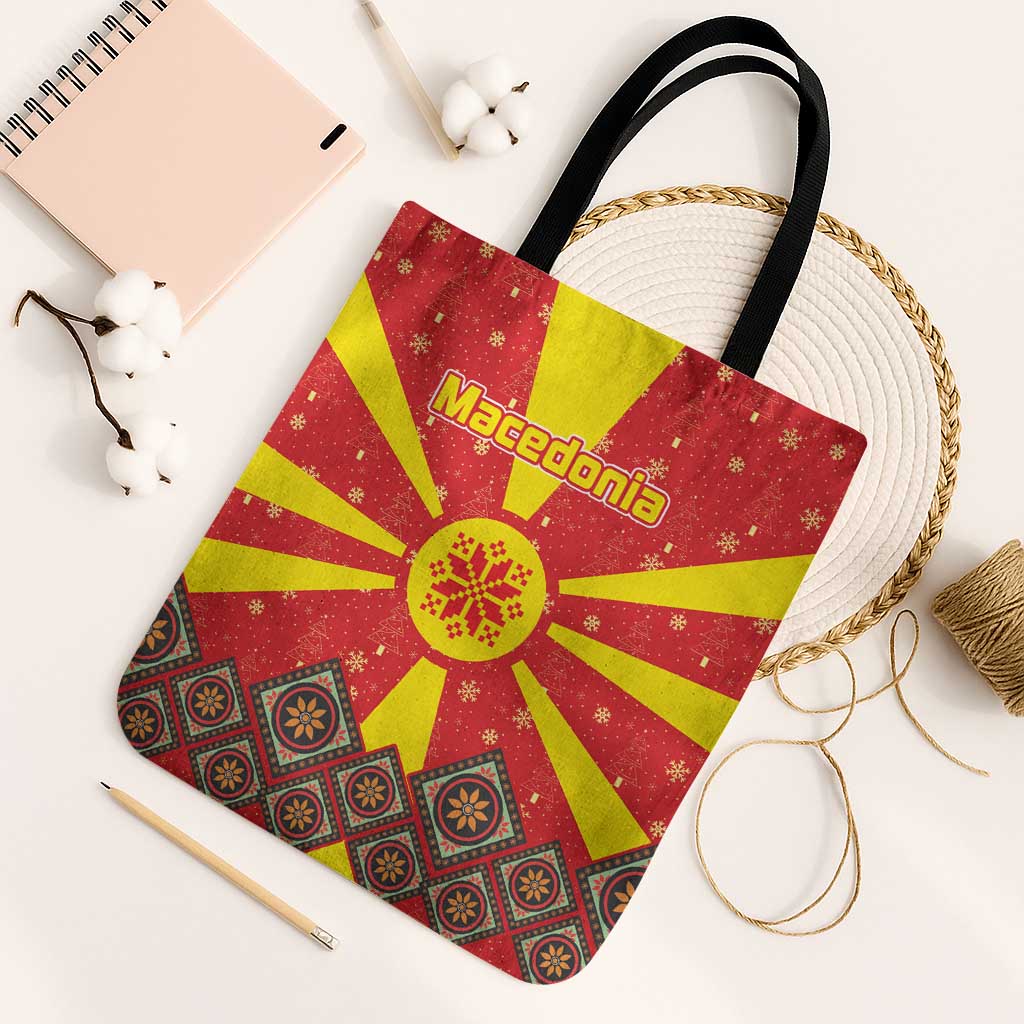 Macedonia Christmas Tote Bag with Yellow Sun, Santa, and Festive Tree Motif - Wonder Print Shop