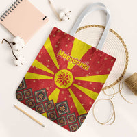 Macedonia Christmas Tote Bag with Yellow Sun, Santa, and Festive Tree Motif - Wonder Print Shop