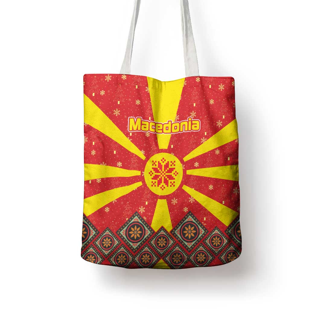 Macedonia Christmas Tote Bag with Yellow Sun, Santa, and Festive Tree Motif - Wonder Print Shop