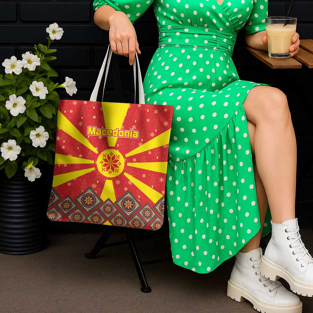 Macedonia Christmas Tote Bag with Yellow Sun, Santa, and Festive Tree Motif - Wonder Print Shop