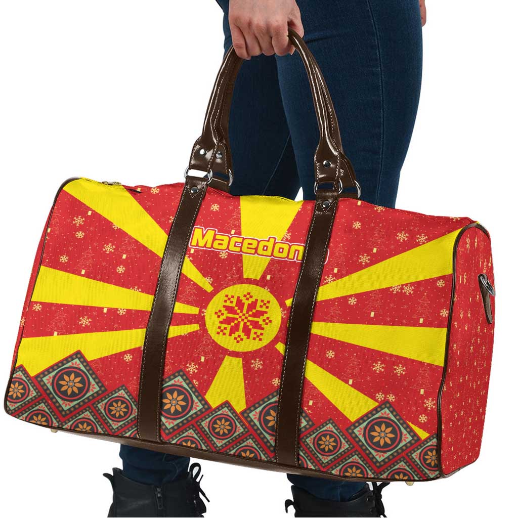 Macedonia Christmas Travel Bag with Yellow Sun, Santa, and Festive Tree Motif - Wonder Print Shop