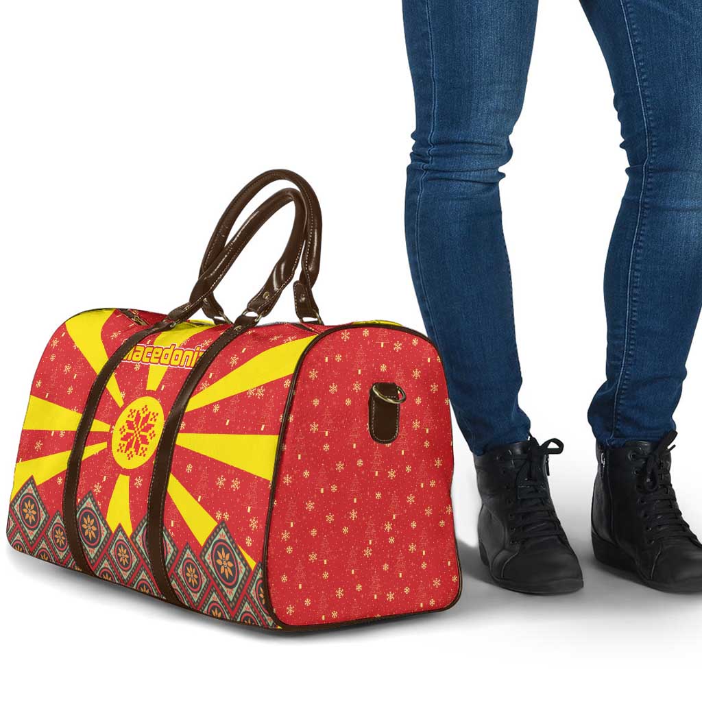 Macedonia Christmas Travel Bag with Yellow Sun, Santa, and Festive Tree Motif - Wonder Print Shop