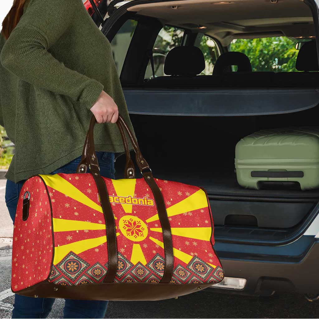 Macedonia Christmas Travel Bag with Yellow Sun, Santa, and Festive Tree Motif - Wonder Print Shop