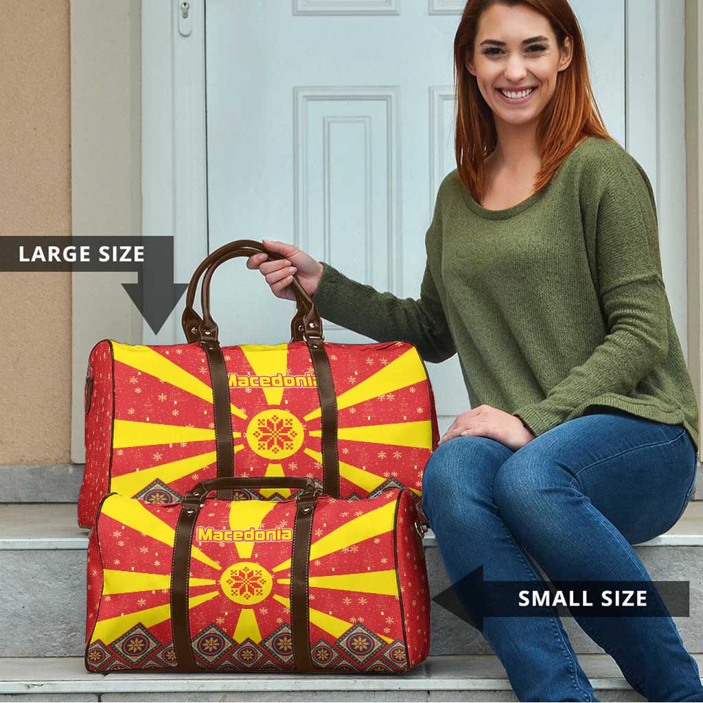 Macedonia Christmas Travel Bag with Yellow Sun, Santa, and Festive Tree Motif - Wonder Print Shop