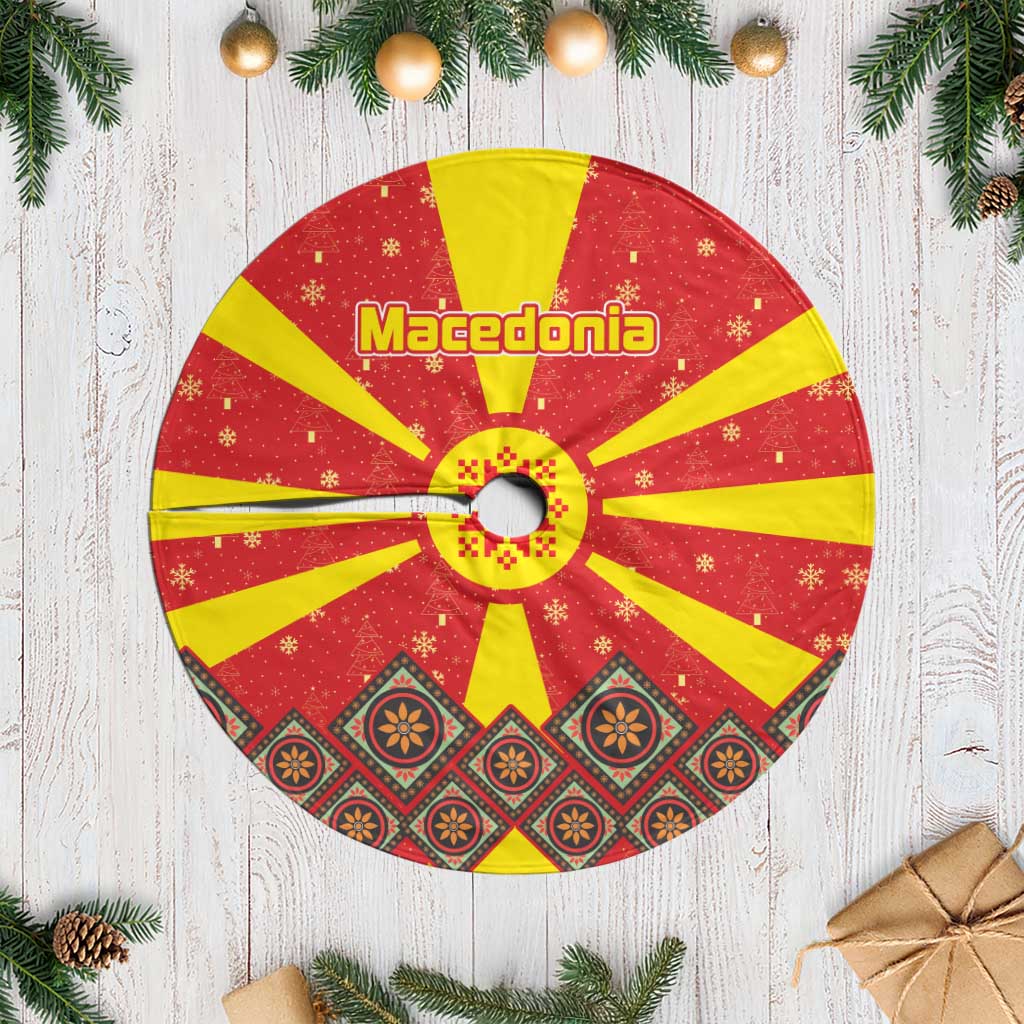 Macedonia Christmas Tree Skirt with Yellow Sun, Santa, and Festive Tree Motif - Wonder Print Shop