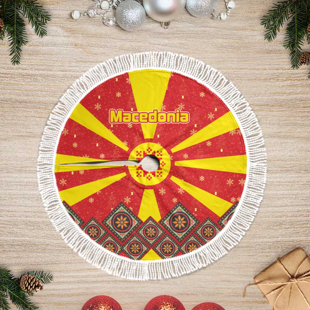 Macedonia Christmas Tree Skirt with Yellow Sun, Santa, and Festive Tree Motif - Wonder Print Shop