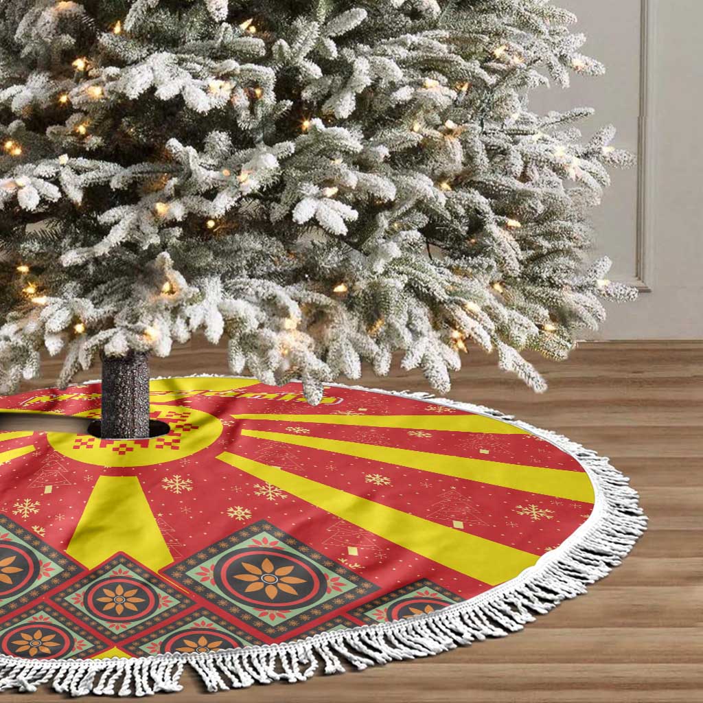 Macedonia Christmas Tree Skirt with Yellow Sun, Santa, and Festive Tree Motif - Wonder Print Shop