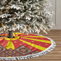 Macedonia Christmas Tree Skirt with Yellow Sun, Santa, and Festive Tree Motif - Wonder Print Shop