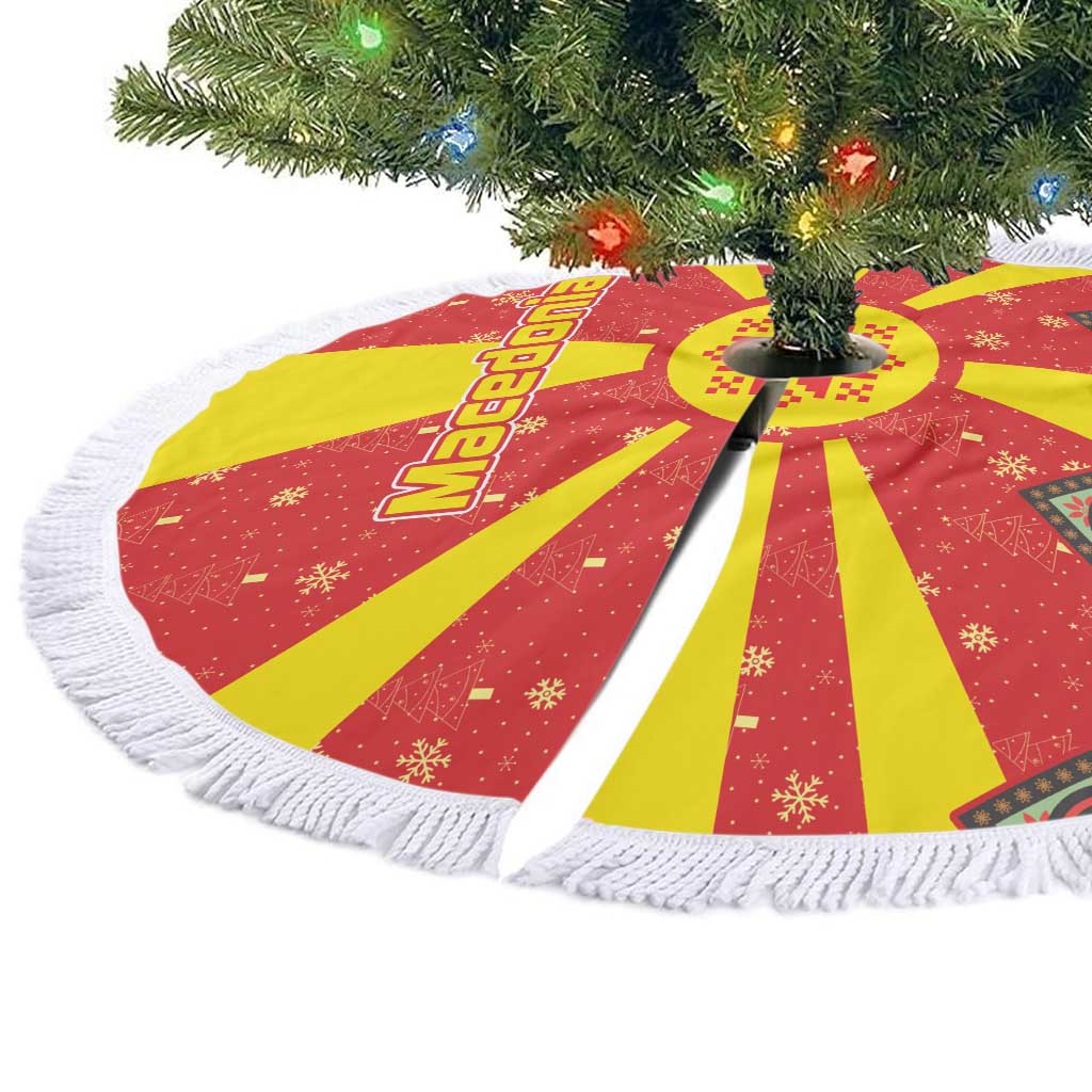 Macedonia Christmas Tree Skirt with Yellow Sun, Santa, and Festive Tree Motif - Wonder Print Shop