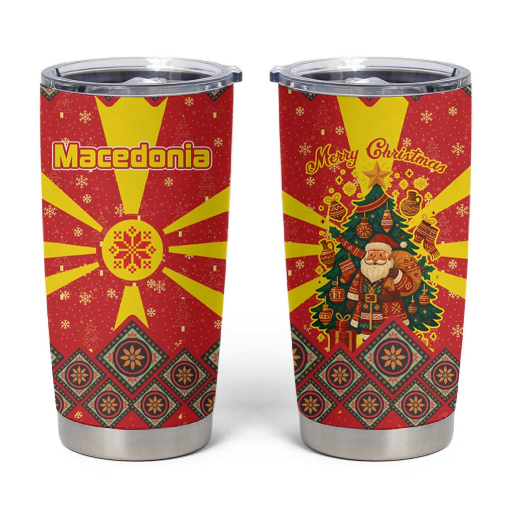 Macedonia Christmas Tumbler Cup with Yellow Sun, Santa, and Festive Tree Motif - Wonder Print Shop