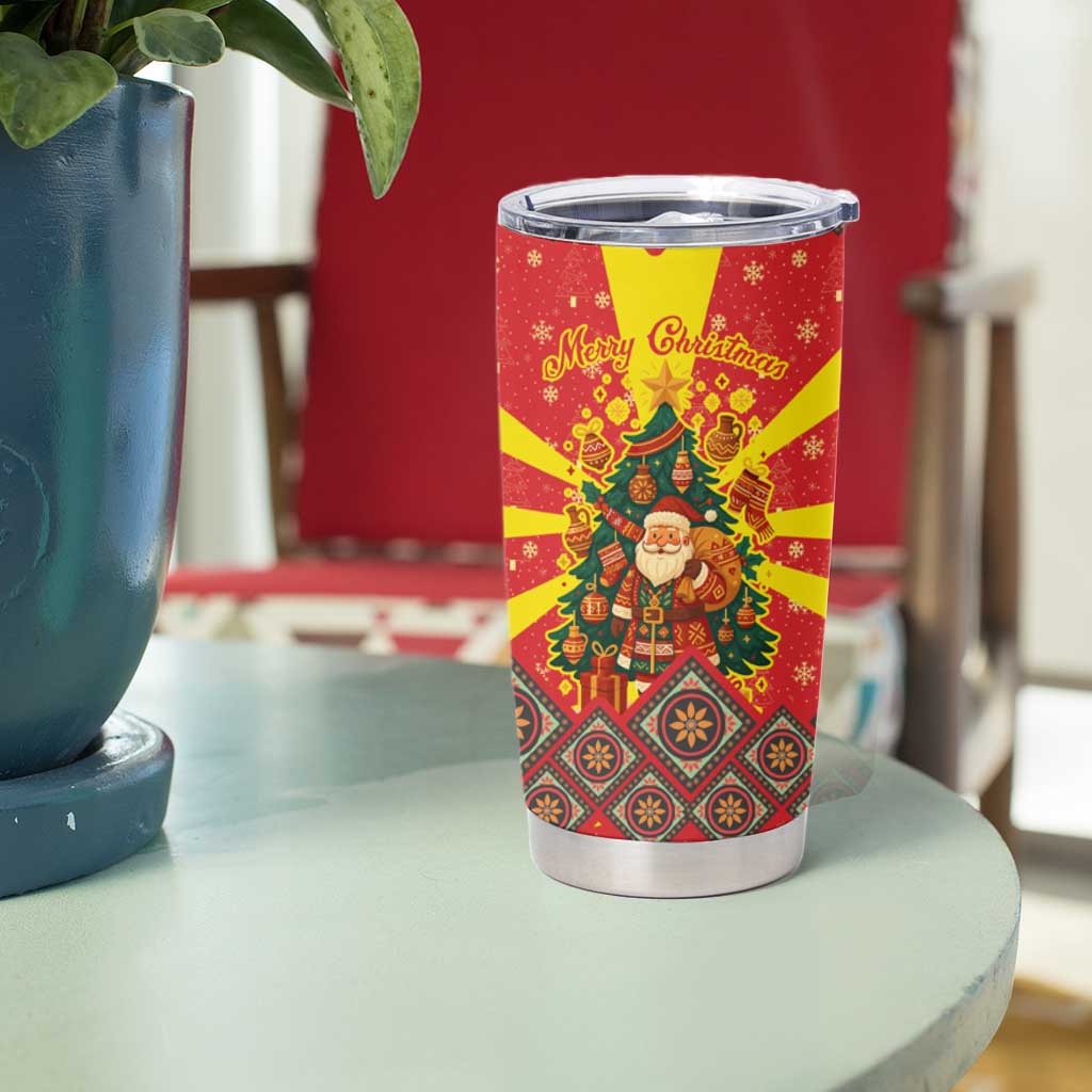 Macedonia Christmas Tumbler Cup with Yellow Sun, Santa, and Festive Tree Motif - Wonder Print Shop