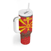 Macedonia Christmas Tumbler With Handle with Yellow Sun, Santa, and Festive Tree Motif - Wonder Print Shop