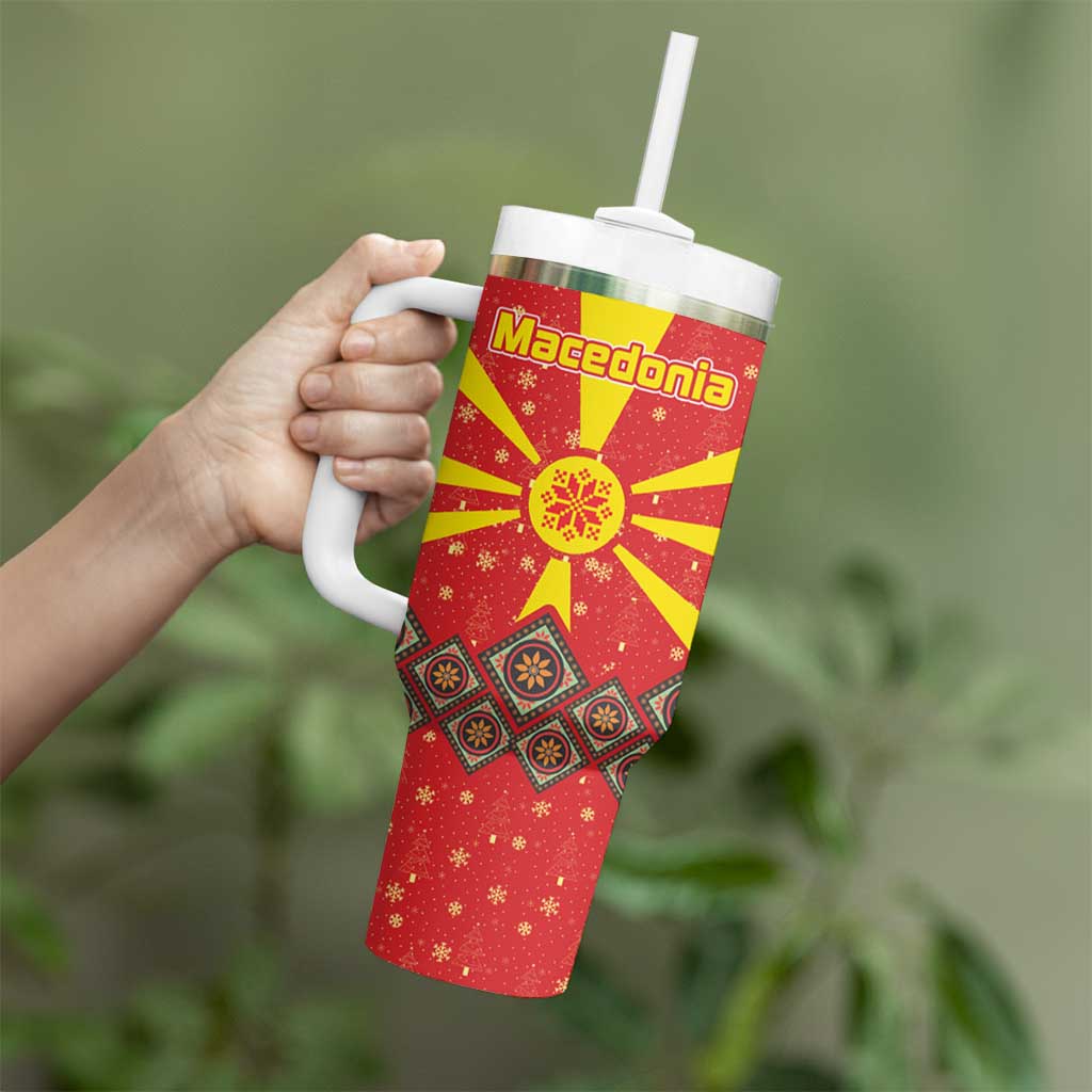 Macedonia Christmas Tumbler With Handle with Yellow Sun, Santa, and Festive Tree Motif - Wonder Print Shop