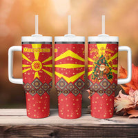 Macedonia Christmas Tumbler With Handle with Yellow Sun, Santa, and Festive Tree Motif - Wonder Print Shop