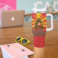 Macedonia Christmas Tumbler With Handle with Yellow Sun, Santa, and Festive Tree Motif - Wonder Print Shop