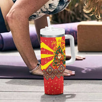 Macedonia Christmas Tumbler With Handle with Yellow Sun, Santa, and Festive Tree Motif - Wonder Print Shop