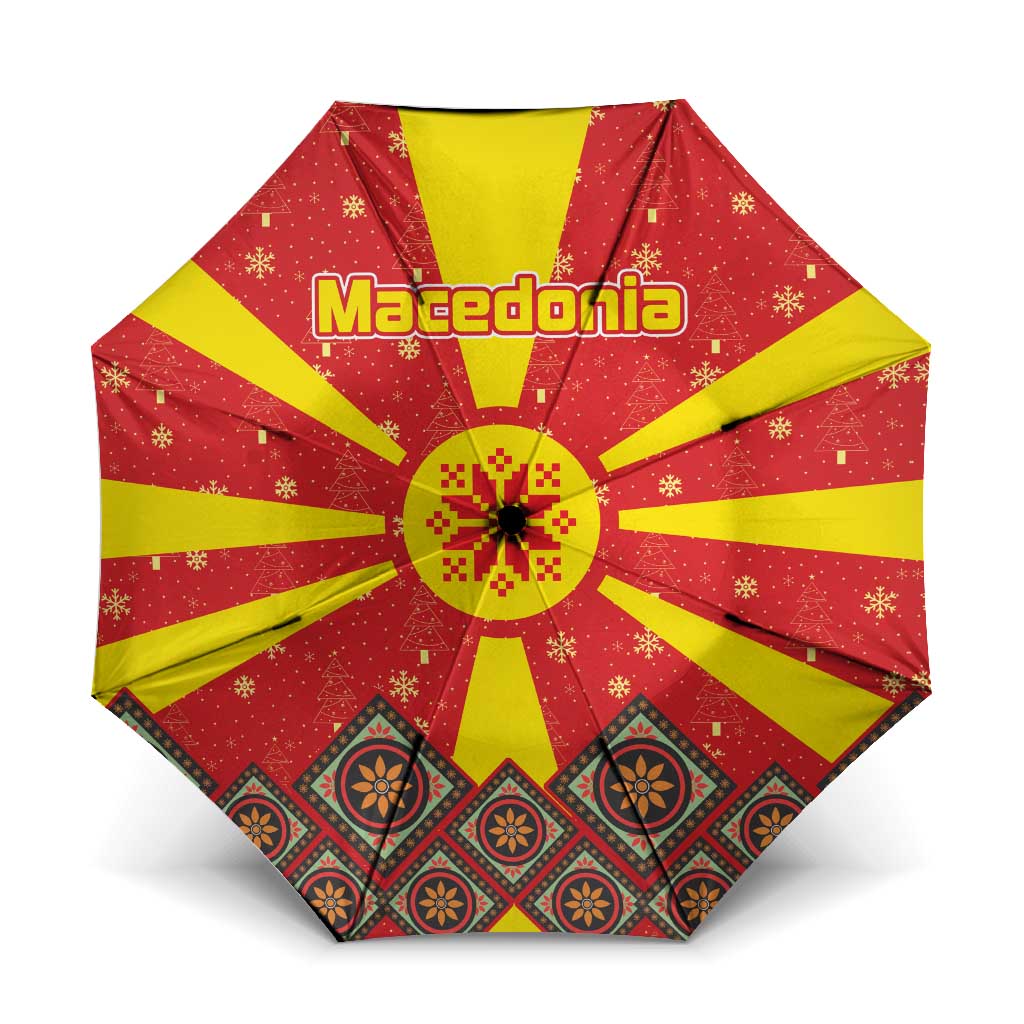 Macedonia Christmas Umbrella with Yellow Sun, Santa, and Festive Tree Motif - Wonder Print Shop
