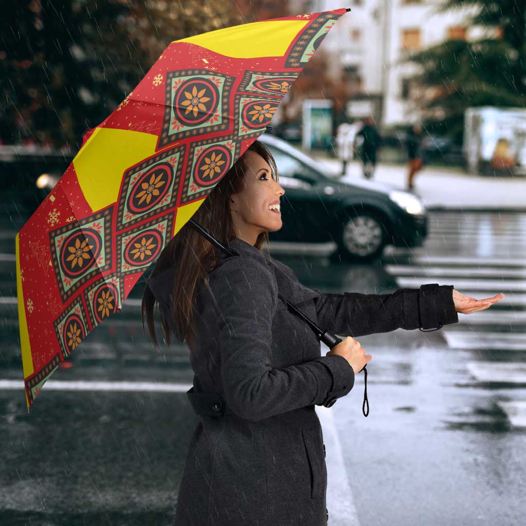 Macedonia Christmas Umbrella with Yellow Sun, Santa, and Festive Tree Motif - Wonder Print Shop