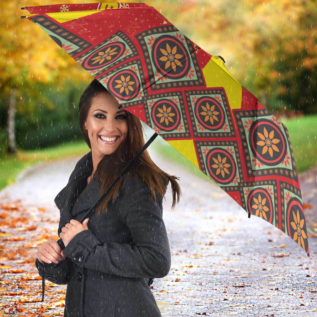 Macedonia Christmas Umbrella with Yellow Sun, Santa, and Festive Tree Motif - Wonder Print Shop