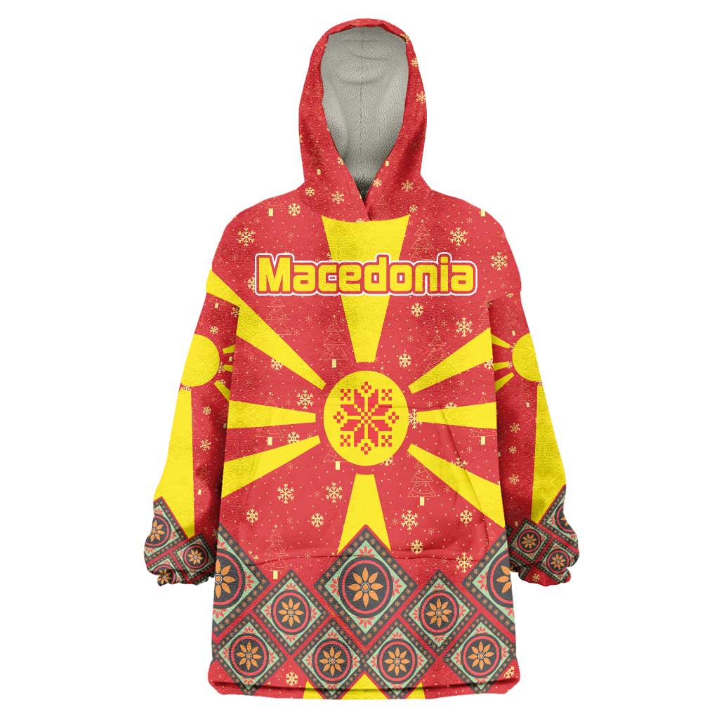 Macedonia Christmas Wearable Blanket Hoodie with Yellow Sun, Santa, and Festive Tree Motif - Wonder Print Shop