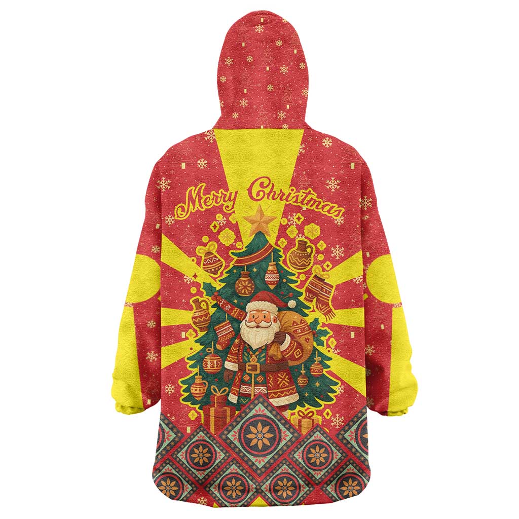 Macedonia Christmas Wearable Blanket Hoodie with Yellow Sun, Santa, and Festive Tree Motif - Wonder Print Shop