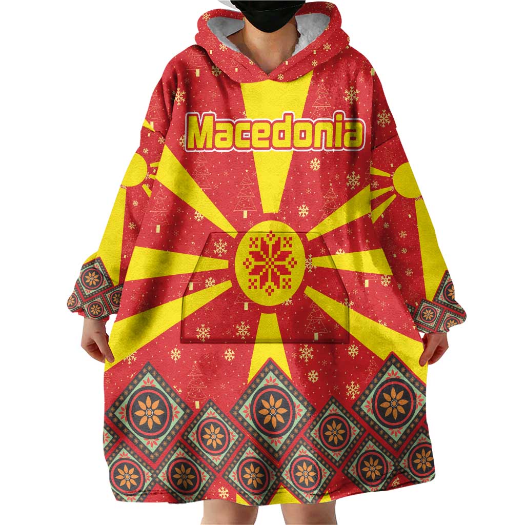 Macedonia Christmas Wearable Blanket Hoodie with Yellow Sun, Santa, and Festive Tree Motif - Wonder Print Shop
