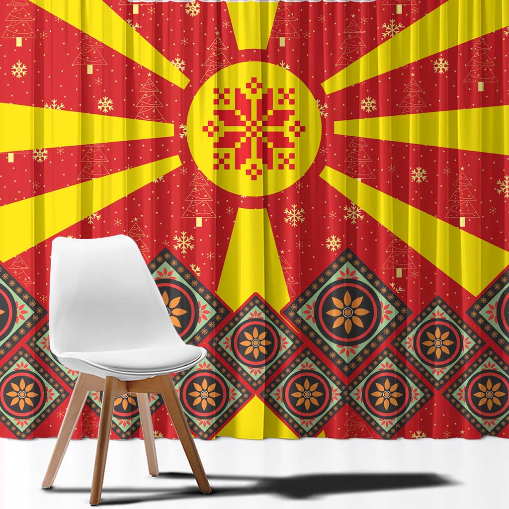 Macedonia Christmas Window Curtain with Yellow Sun, Santa, and Festive Tree Motif - Wonder Print Shop