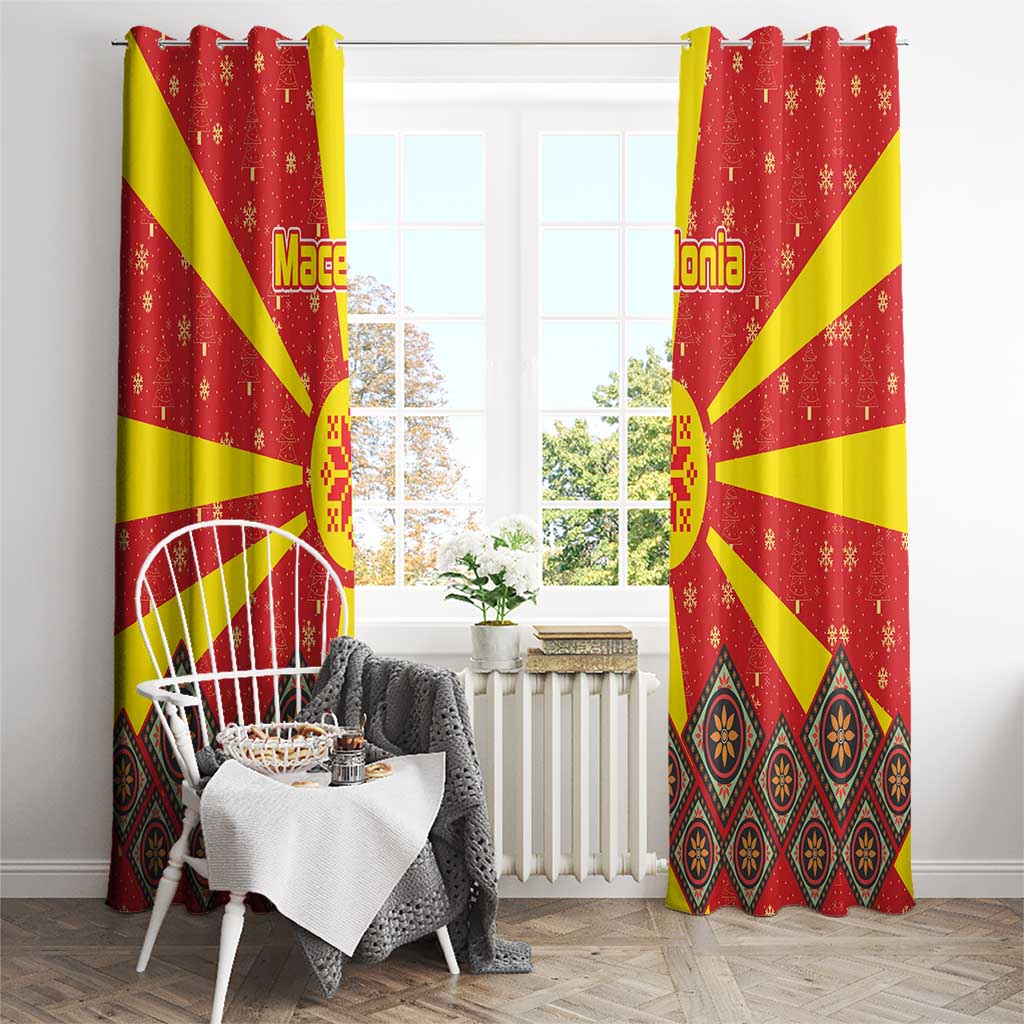 Macedonia Christmas Window Curtain with Yellow Sun, Santa, and Festive Tree Motif - Wonder Print Shop