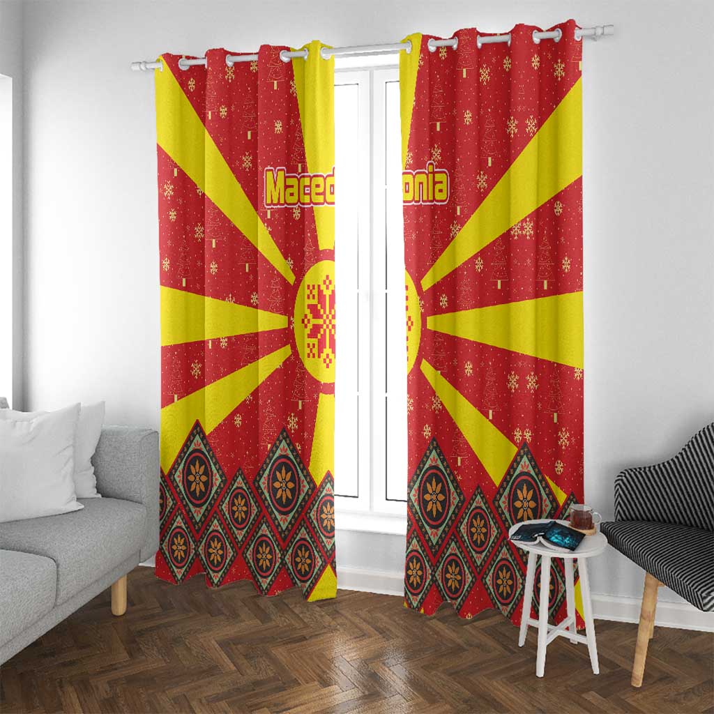 Macedonia Christmas Window Curtain with Yellow Sun, Santa, and Festive Tree Motif - Wonder Print Shop