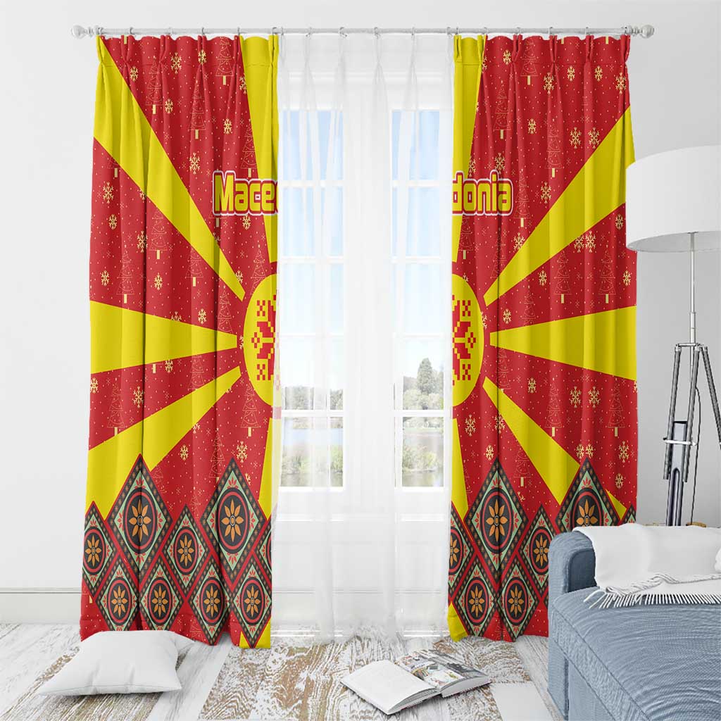 Macedonia Christmas Window Curtain with Yellow Sun, Santa, and Festive Tree Motif - Wonder Print Shop