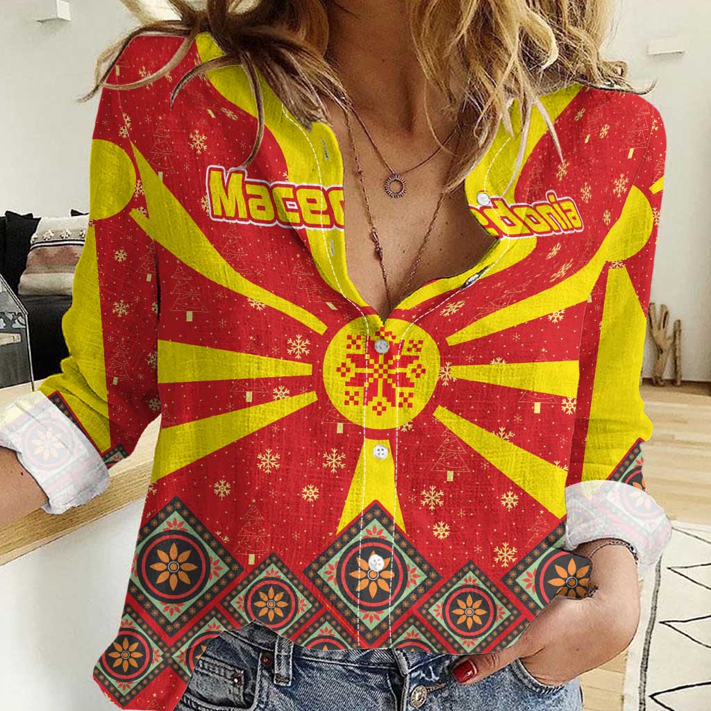 Macedonia Christmas Women Casual Shirt with Yellow Sun, Santa, and Festive Tree Motif - Wonder Print Shop