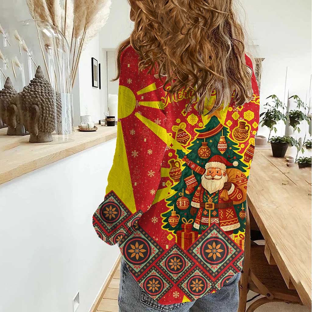 Macedonia Christmas Women Casual Shirt with Yellow Sun, Santa, and Festive Tree Motif - Wonder Print Shop
