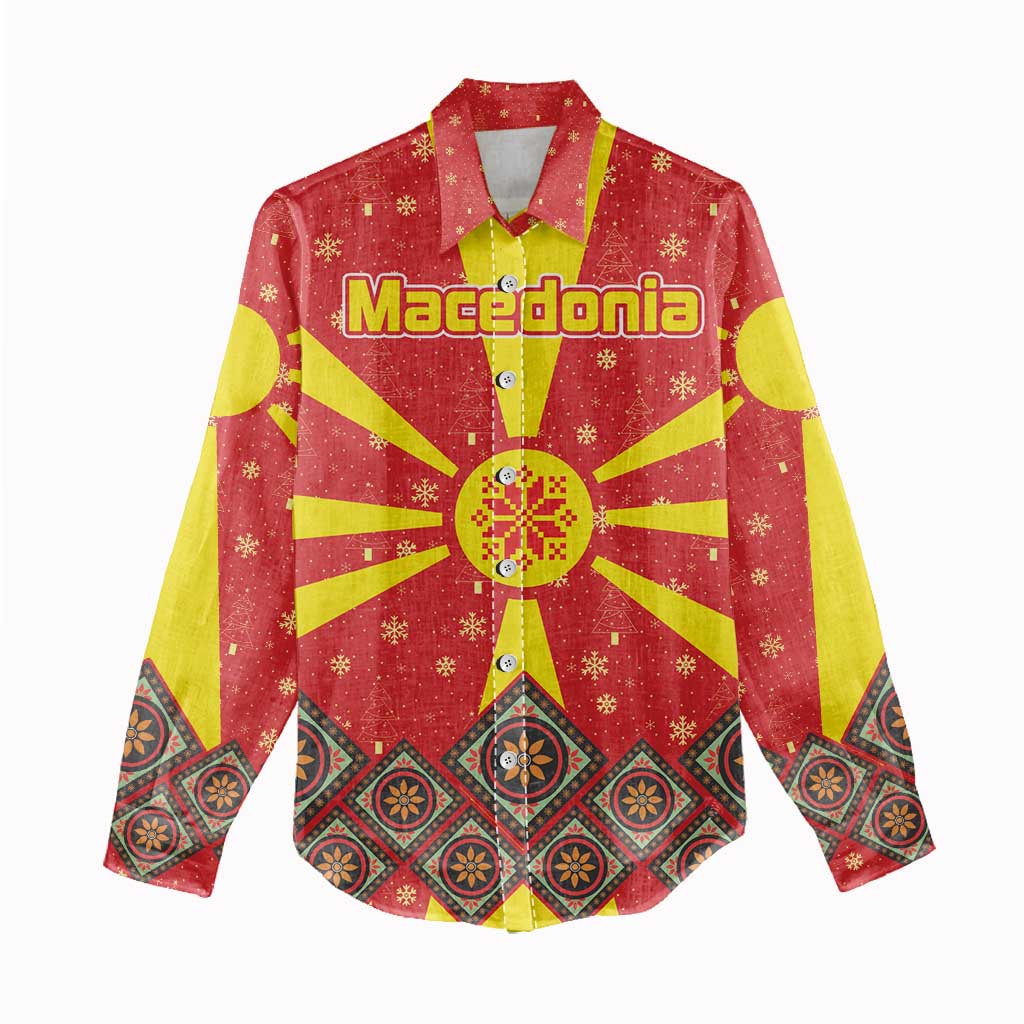 Macedonia Christmas Women Casual Shirt with Yellow Sun, Santa, and Festive Tree Motif - Wonder Print Shop