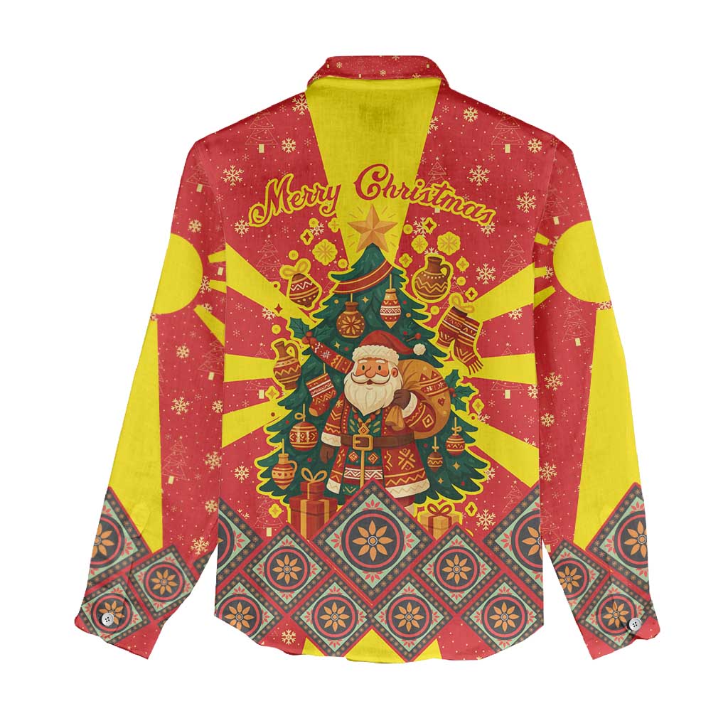 Macedonia Christmas Women Casual Shirt with Yellow Sun, Santa, and Festive Tree Motif - Wonder Print Shop