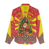 Macedonia Christmas Women Casual Shirt with Yellow Sun, Santa, and Festive Tree Motif - Wonder Print Shop