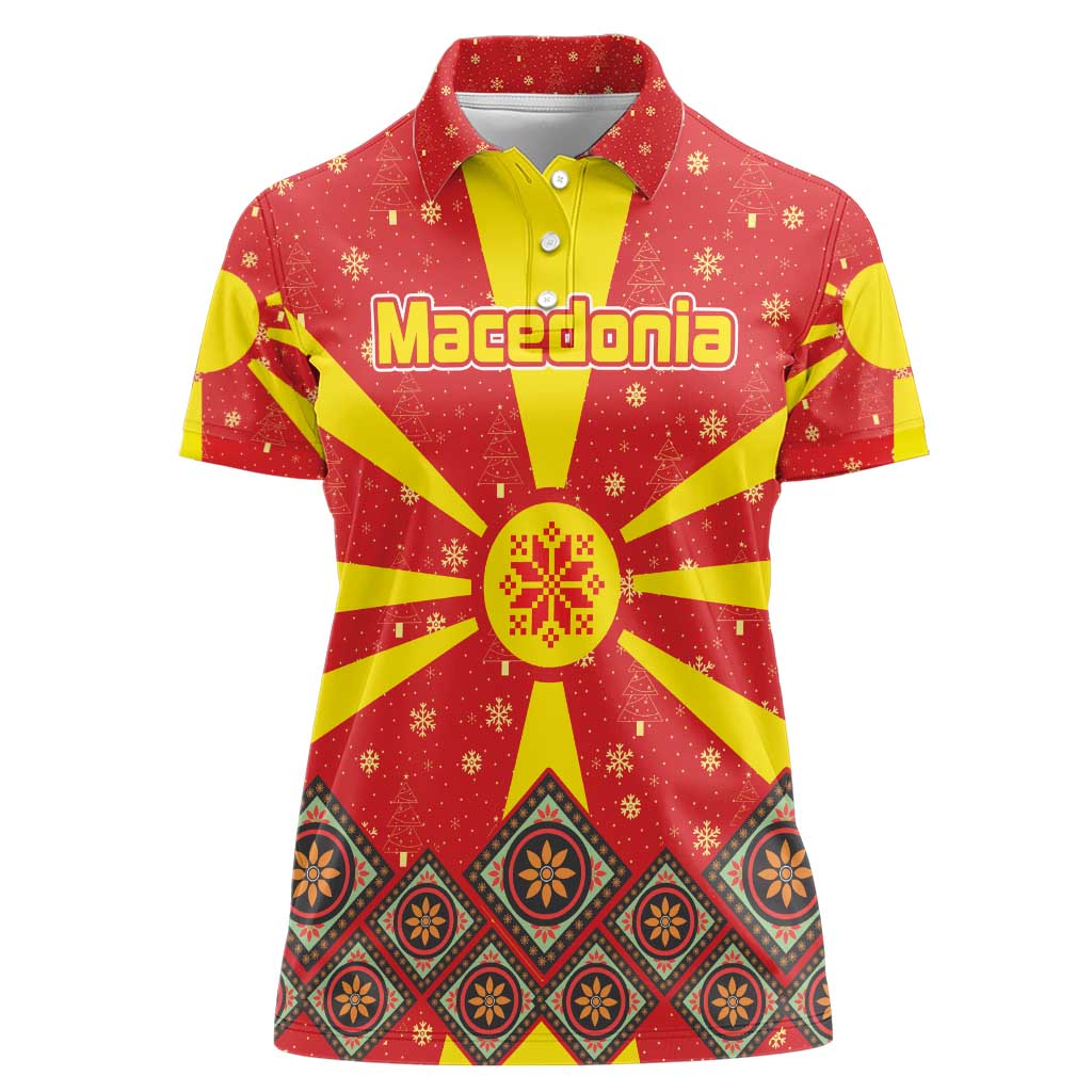 Macedonia Christmas Women Polo Shirt with Yellow Sun, Santa, and Festive Tree Motif - Wonder Print Shop