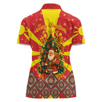 Macedonia Christmas Women Polo Shirt with Yellow Sun, Santa, and Festive Tree Motif - Wonder Print Shop