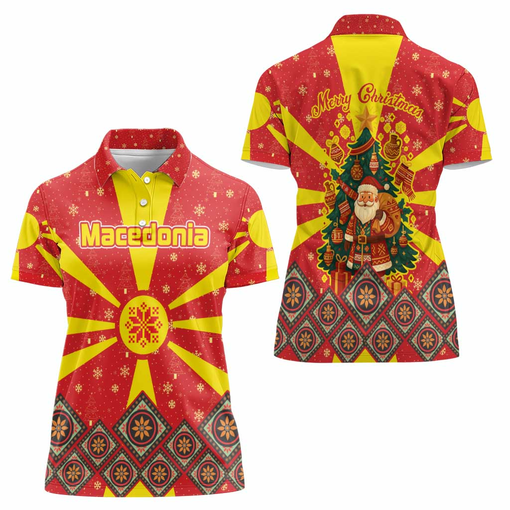 Macedonia Christmas Women Polo Shirt with Yellow Sun, Santa, and Festive Tree Motif - Wonder Print Shop