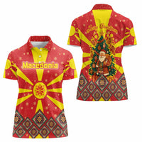 Macedonia Christmas Women Polo Shirt with Yellow Sun, Santa, and Festive Tree Motif - Wonder Print Shop