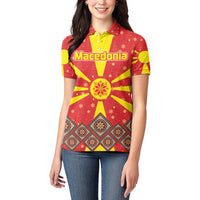 Macedonia Christmas Women Polo Shirt with Yellow Sun, Santa, and Festive Tree Motif - Wonder Print Shop