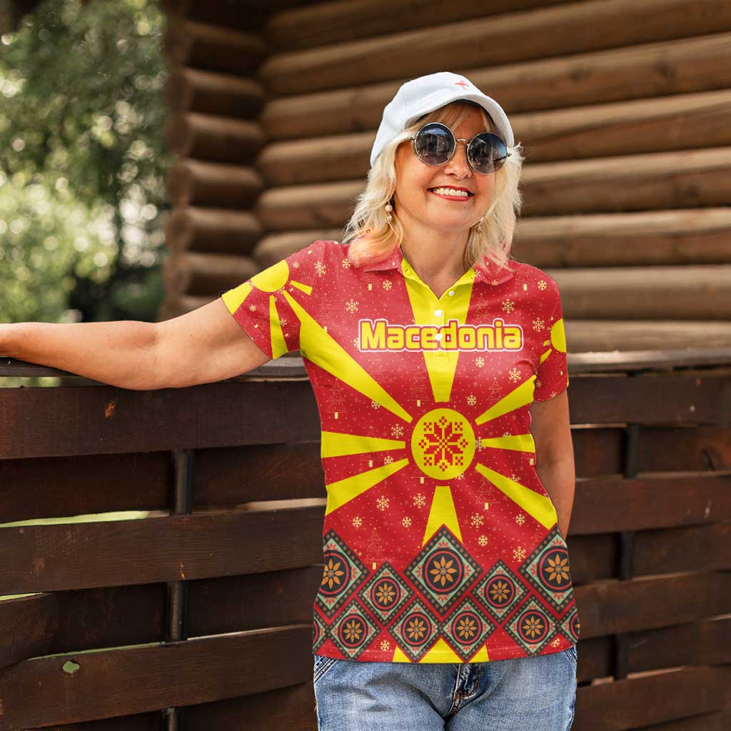Macedonia Christmas Women Polo Shirt with Yellow Sun, Santa, and Festive Tree Motif - Wonder Print Shop