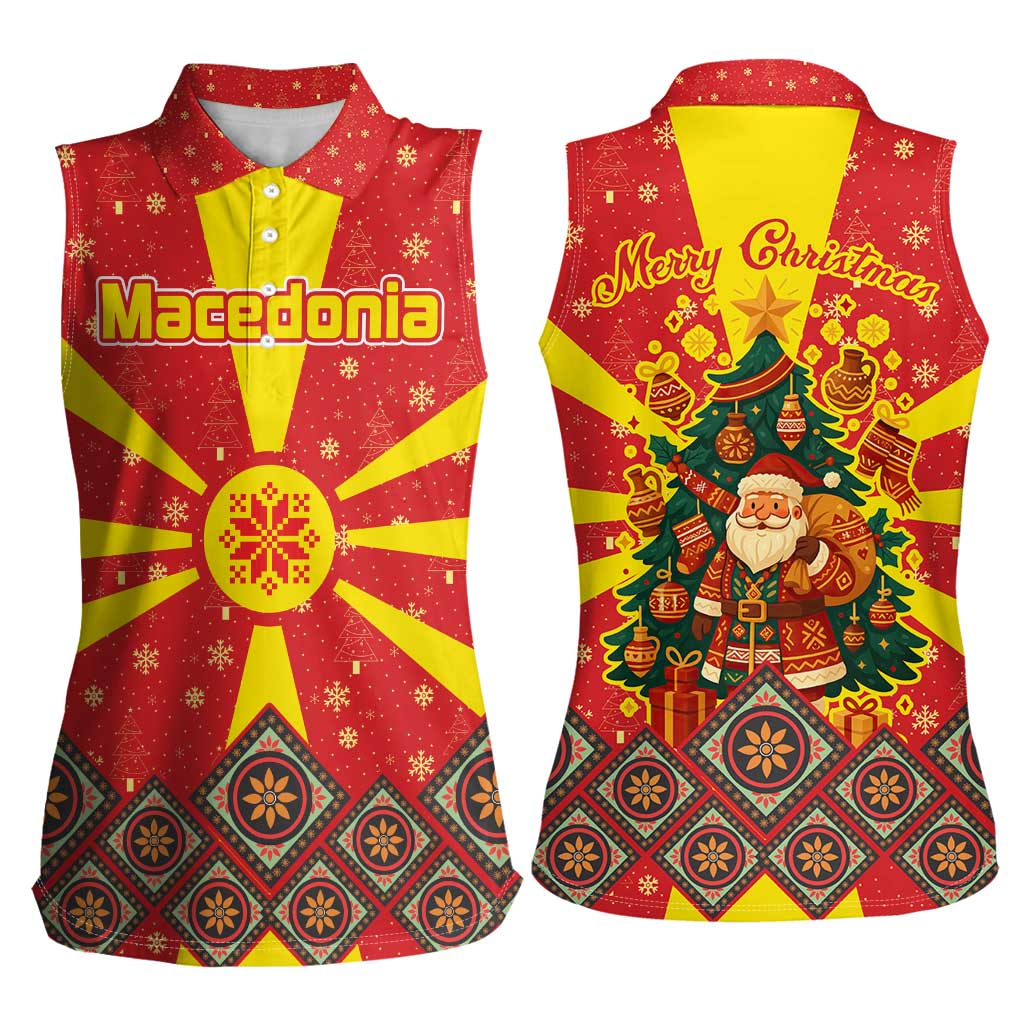 Macedonia Christmas Women Sleeveless Polo Shirt with Yellow Sun, Santa, and Festive Tree Motif - Wonder Print Shop