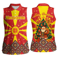 Macedonia Christmas Women Sleeveless Polo Shirt with Yellow Sun, Santa, and Festive Tree Motif - Wonder Print Shop