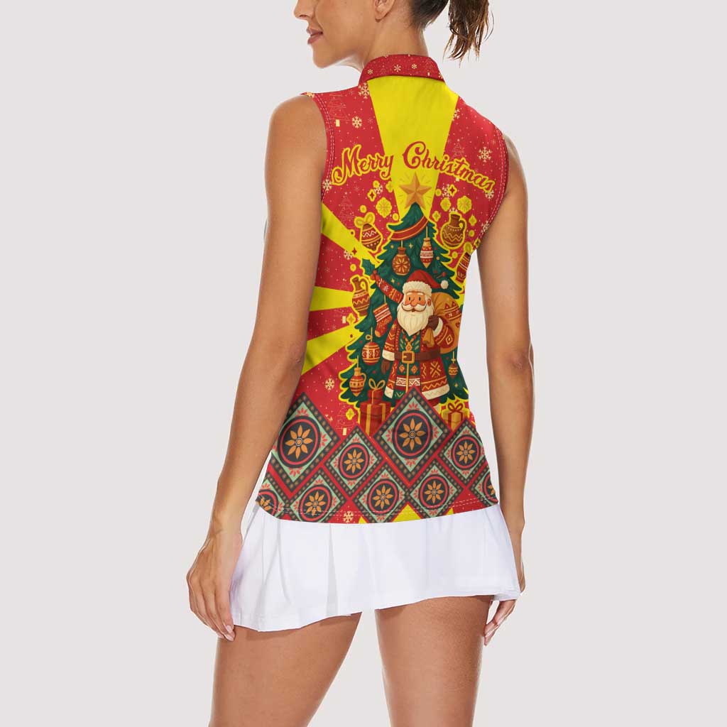 Macedonia Christmas Women Sleeveless Polo Shirt with Yellow Sun, Santa, and Festive Tree Motif - Wonder Print Shop