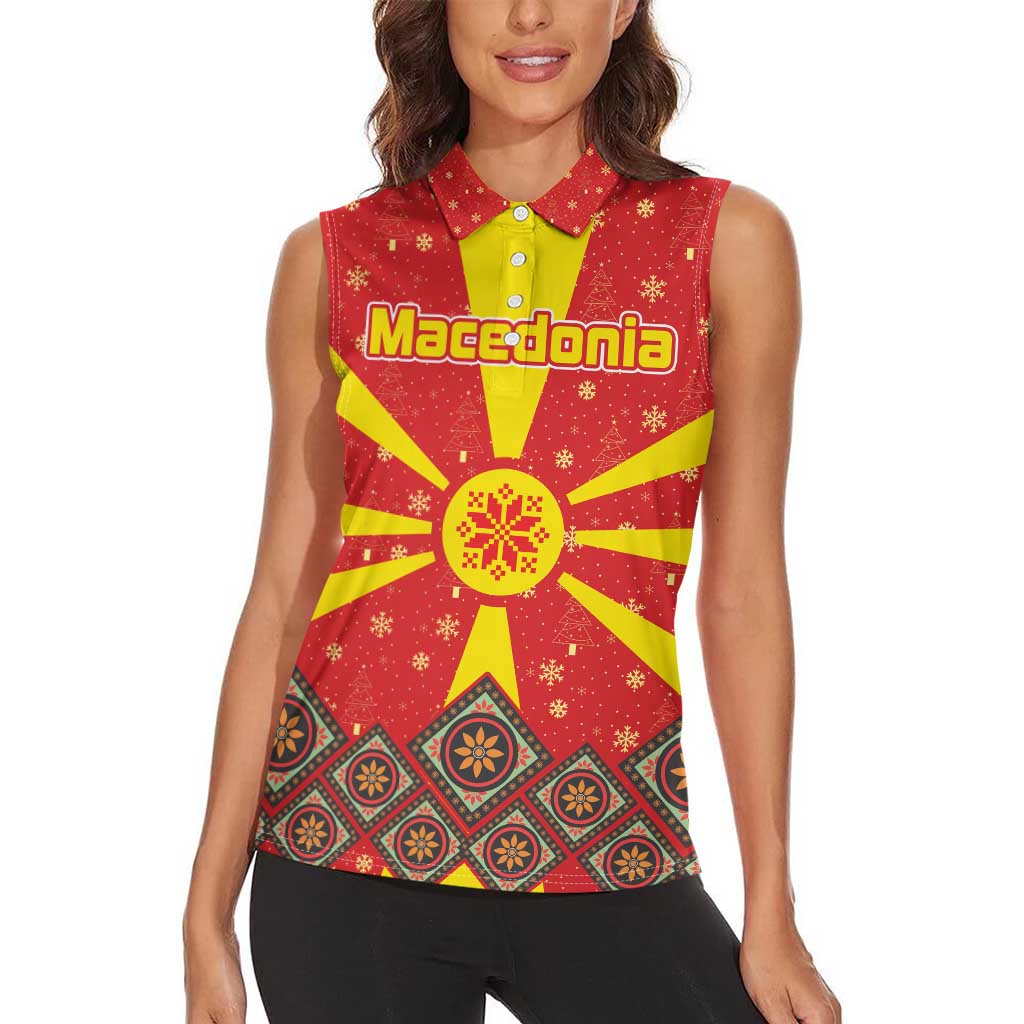 Macedonia Christmas Women Sleeveless Polo Shirt with Yellow Sun, Santa, and Festive Tree Motif - Wonder Print Shop