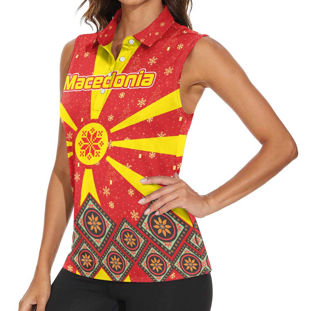 Macedonia Christmas Women Sleeveless Polo Shirt with Yellow Sun, Santa, and Festive Tree Motif - Wonder Print Shop