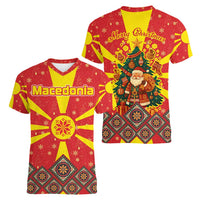 Macedonia Christmas Women V-Neck T-Shirt with Yellow Sun, Santa, and Festive Tree Motif - Wonder Print Shop