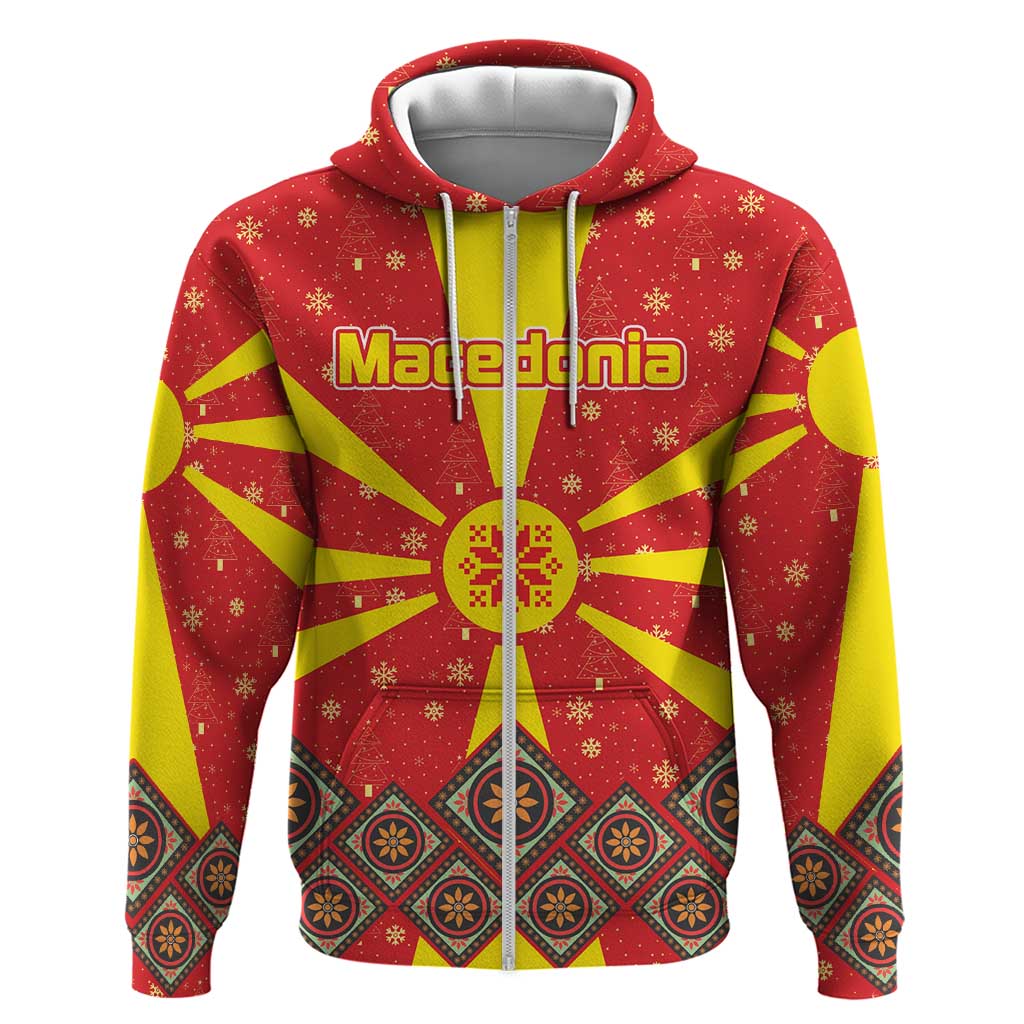 Macedonia Christmas Zip Hoodie with Yellow Sun, Santa, and Festive Tree Motif - Wonder Print Shop