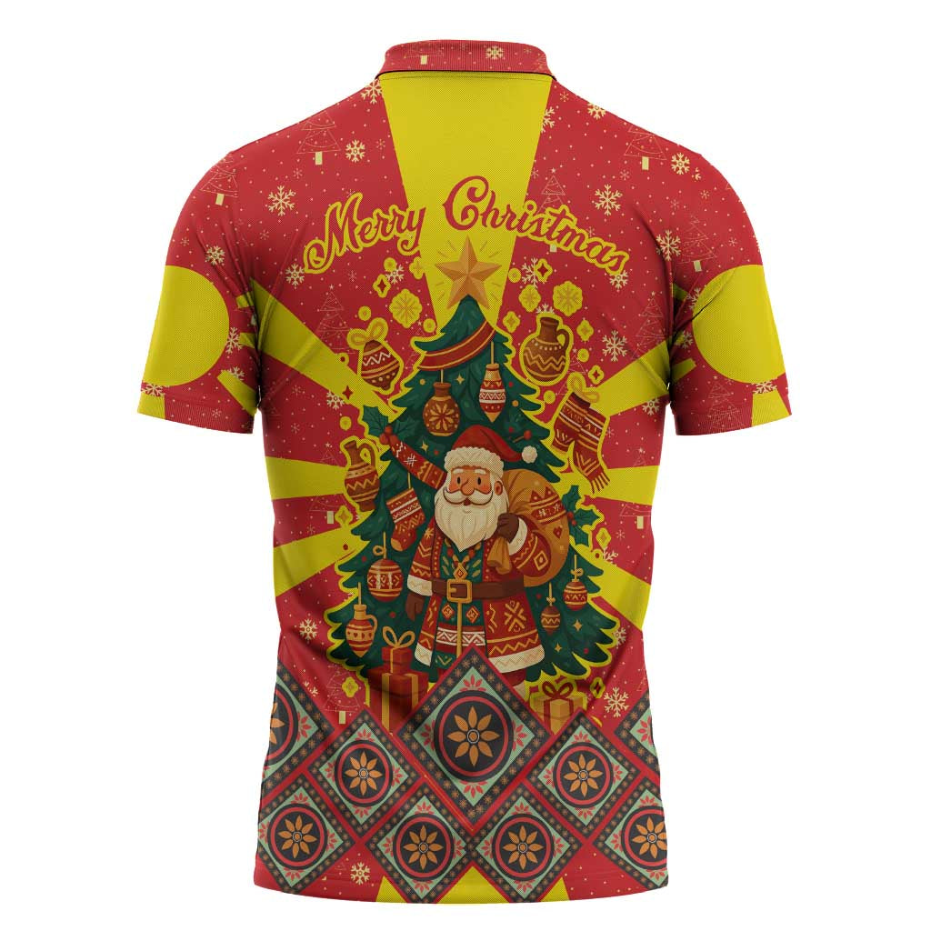 Macedonia Christmas Zipper Polo Shirt with Yellow Sun, Santa, and Festive Tree Motif - Wonder Print Shop